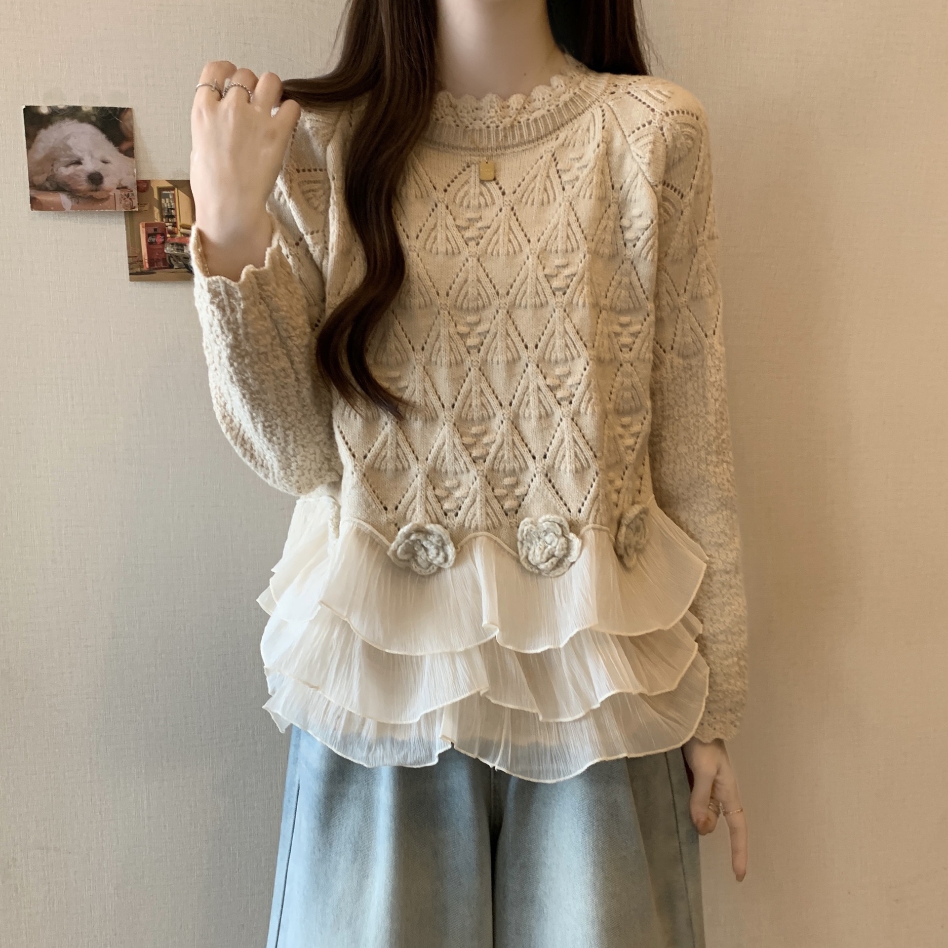 Women's Casual Loose Slimming Rose Lace Edge Sweater