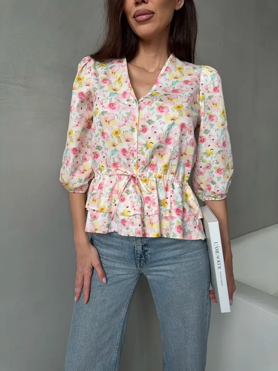 Drawstring Laced Puffed Sleeve V Neck Women's Blouse - Style 3-L
