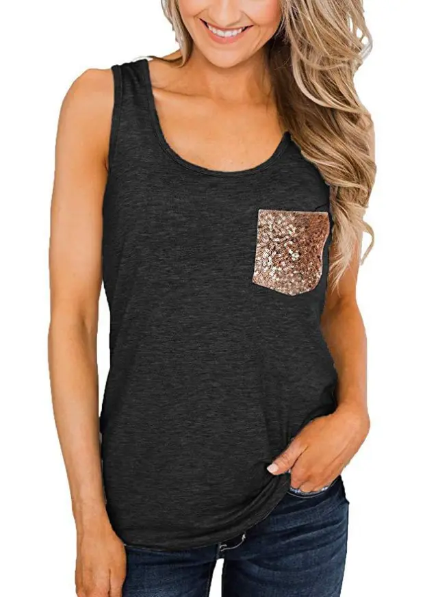 Women's Sequined Pocket Round Neck Solid Color Sleeveless Vest Top Black - Shop at LoveMi