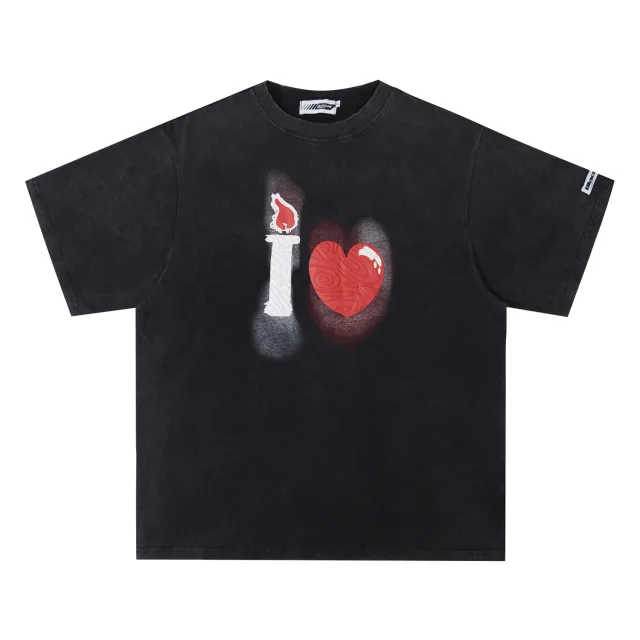 American Retro Washed And Worn Street Tide Brand Men's Clothing Heart Printing Loose Casual Short sleeved T shirt Black - Shop at LoveMi