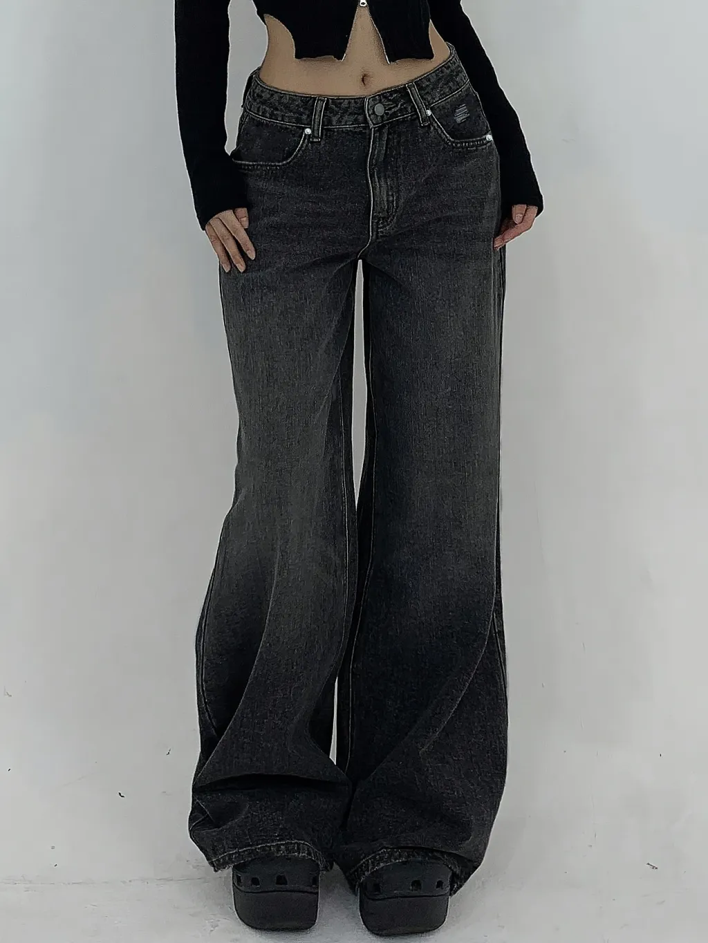 European And American Wide Leg Super Long Mop Jeans - Black