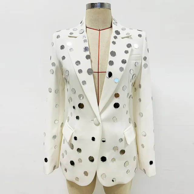 Round Mirror Beaded One Button Suit Jacket Coat White - Shop at LoveMi