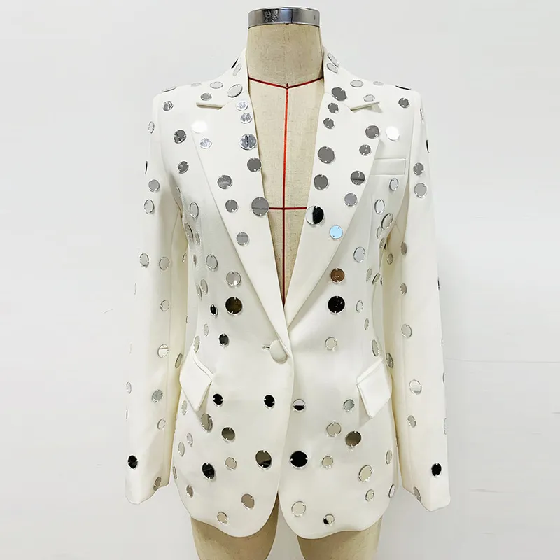 Round Mirror Beaded One Button Suit Jacket Coat - White