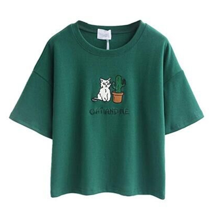 European And American Simple And Short Embroidered Short Sleeve Exposed Navel