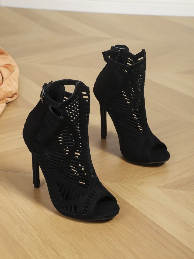 Round Toe Open Toe Laser Hollow Out 11cm Sexy Fashion Sandal Boots Black - Shop at LoveMi