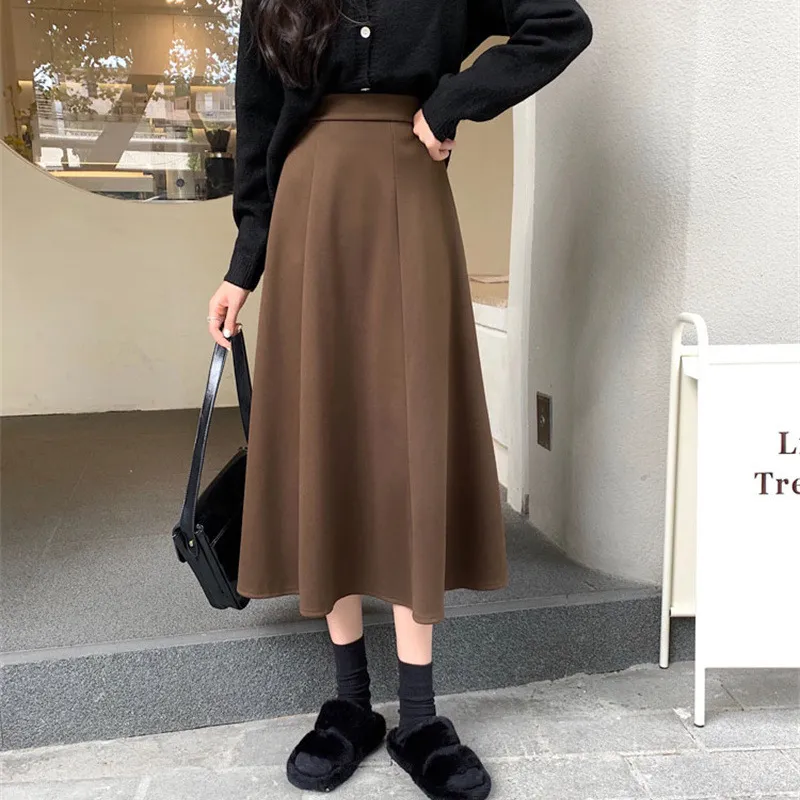 Black Woolen Skirt Autumn And Winter High Waist A- Line Skirt Umbrella Skirt Skirt - Brown