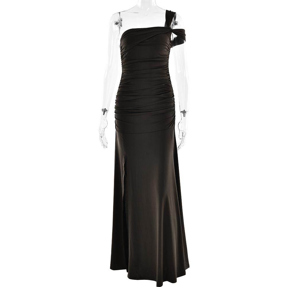 Solid Color Sexy Oblique Shoulder Pleated Side Slit Slim Fit Dress Brown - Shop at LoveMi