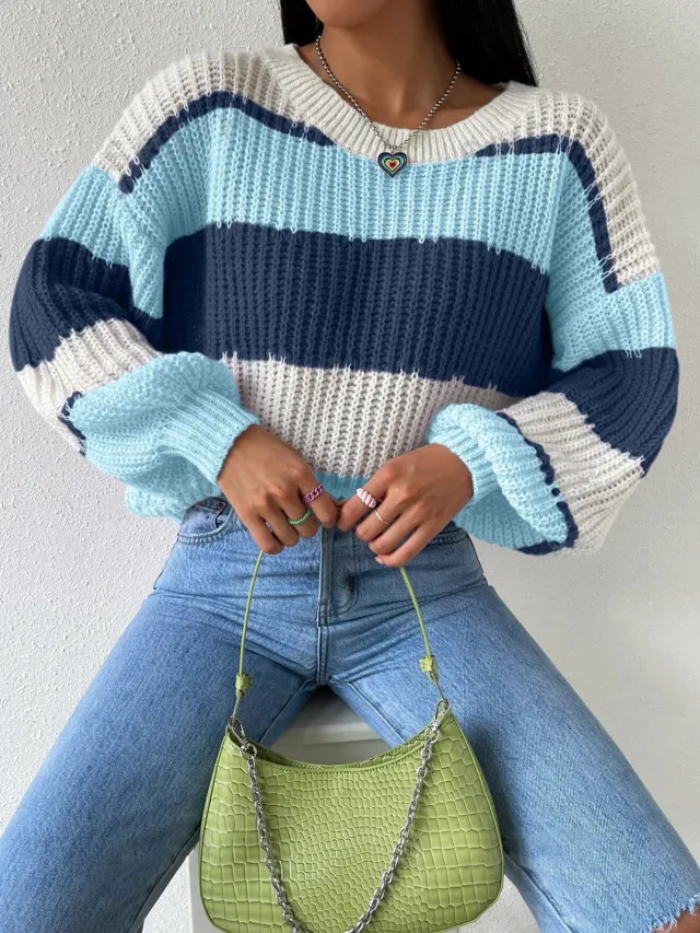 Autumn And Winter Long Sleeve Pullover Contrast Color Casual Blue - Shop at LoveMi