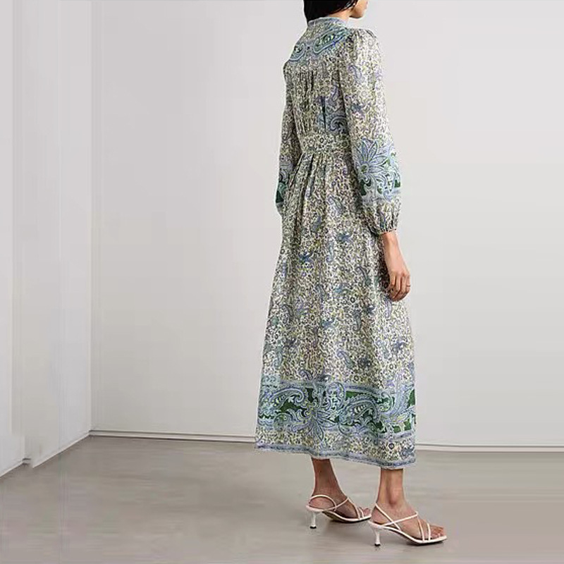 Retro Printed Flower Cashew Single-breasted Long Dress