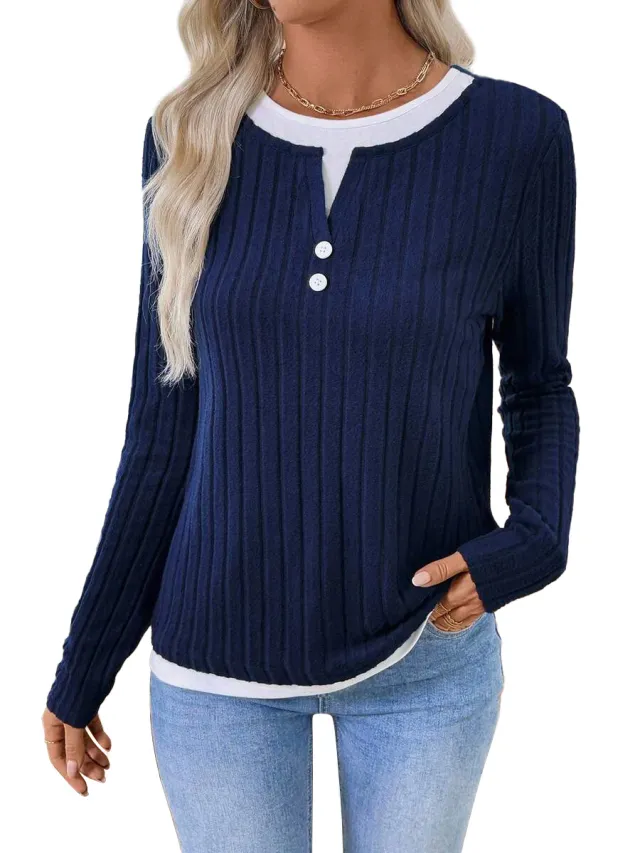 Women's Fake Two piece Round Neck Button Pullover Grinding Sweater Blue - Shop at LoveMi