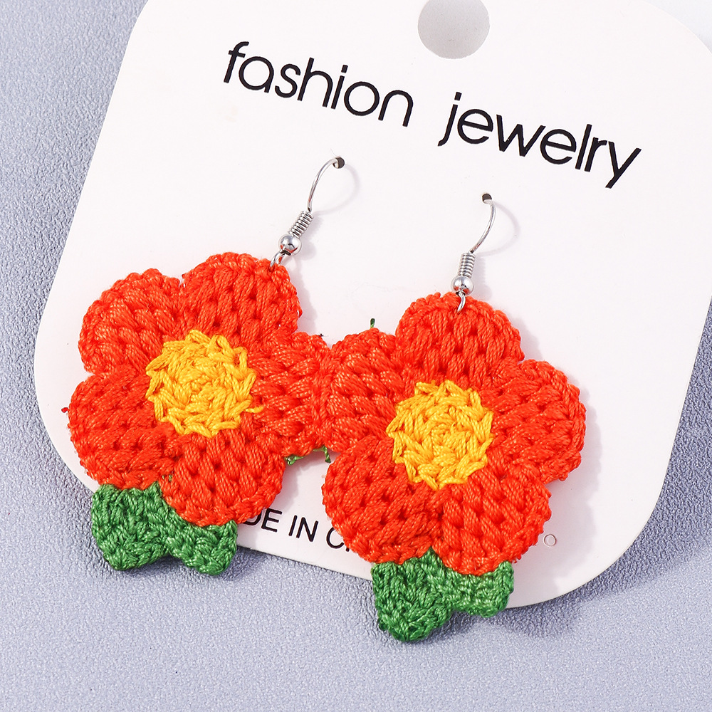 Minimalist Handwoven Knitted Flower Statement Earrings