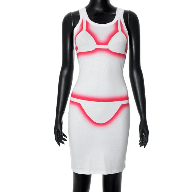 New Casual Round Neck Sleeveless Printed Vest High Waist Slim Fit Short Dress White - Shop at LoveMi