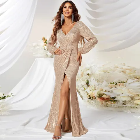 Sequined V-neck Long Sleeve High Slit Slim Fishtail Prom
