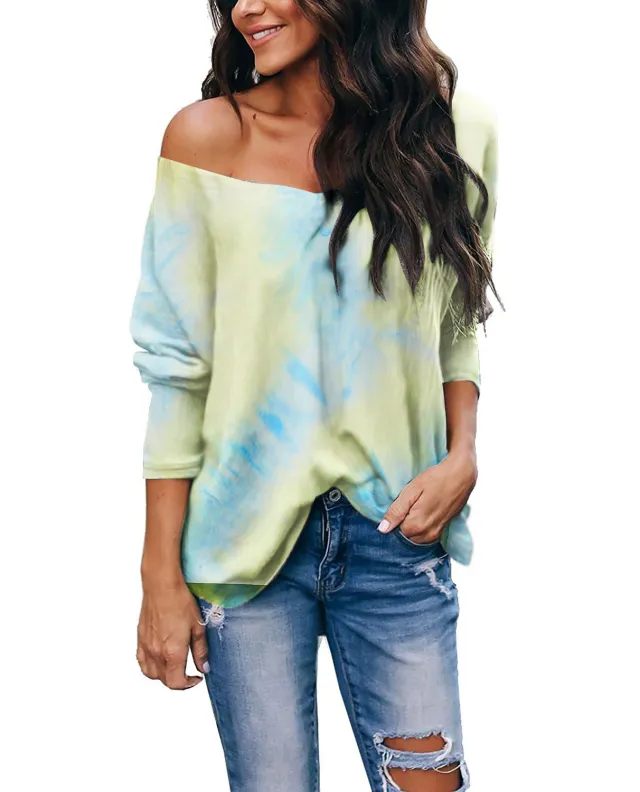 Women's Tie Dye Long Sleeve V Neck Loose Fit T Shirt Blue And Yellow - Shop at LoveMi