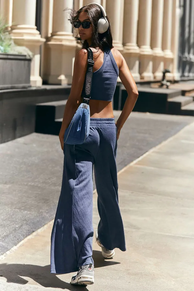 Fashion Casual Women's Solid Color High elastic Body Shaping Short Sleeve Wide Leg Pants Suit Navy - Shop at LoveMi