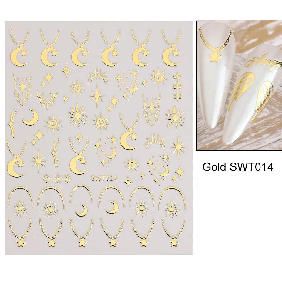 Silver Stamping Nail Sticker Wind Star Moon Heart-shape Lock Necklace - Golden Swt014