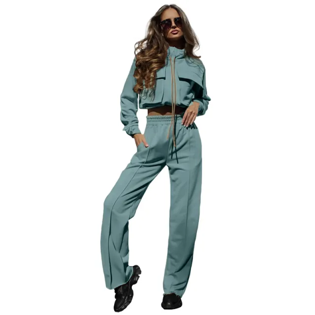 European And American Solid Color Zipper Double Bag Drawstring Long Sleeve Top Fashion Casual Trousers Suit Women Gray - Shop at LoveMi