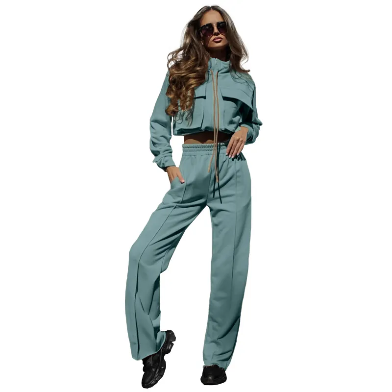 European And American Solid Color Zipper Double Bag Drawstring Long Sleeve Top Fashion Casual Trousers Suit Women - Gray