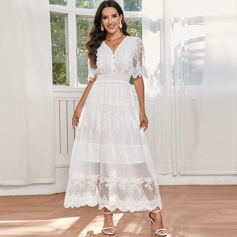 Lace V-neck Patchwork Dress Women