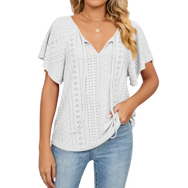 Spring And Summer New Solid Color And V neck Lace up Short Sleeve Loose T shirt Top White - Shop at LoveMi