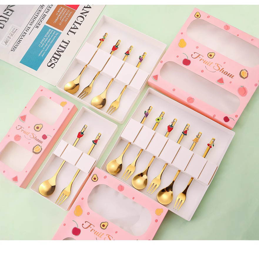 Stainless Steel Cute Strawberry Pendant Dessert Spoon Fruit Fork Coffee Spoon Gift Box
