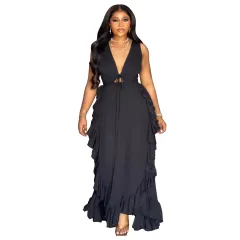 Ruffled High Waist Crop-top Spaghetti-strap Plus Size Dress - Black - View 1