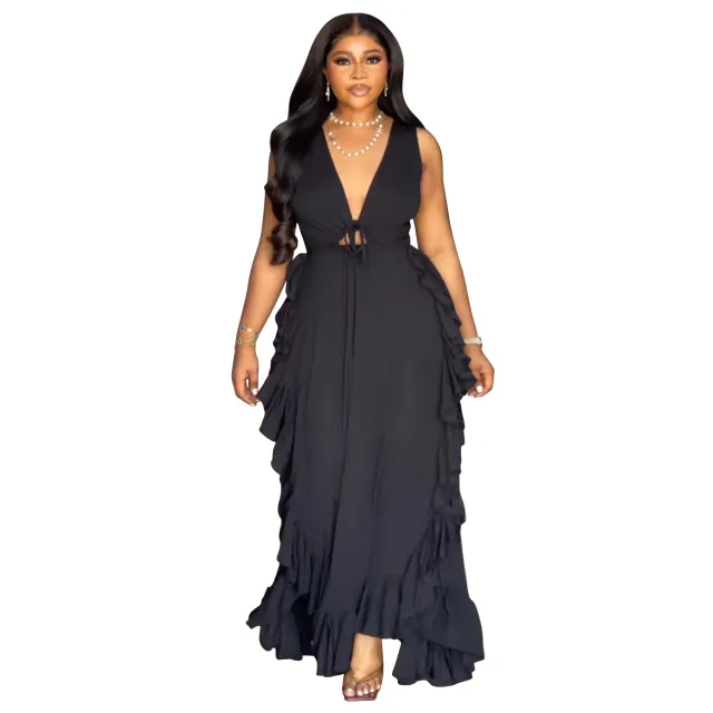 Ruffled High Waist Crop top Spaghetti strap Plus Size Dress Black - Shop at LoveMi