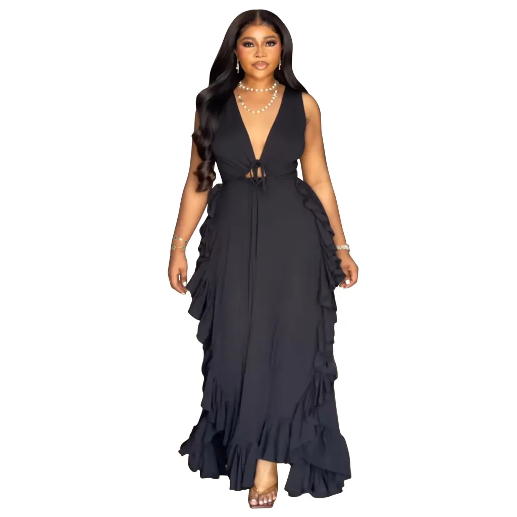 Ruffled High Waist Crop-top Spaghetti-strap Plus Size Dress - Black