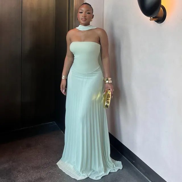 Women's Quality Halter Spaghetti Straps Top High Waist Pleated Skirt Suit Mint Green - Shop at LoveMi