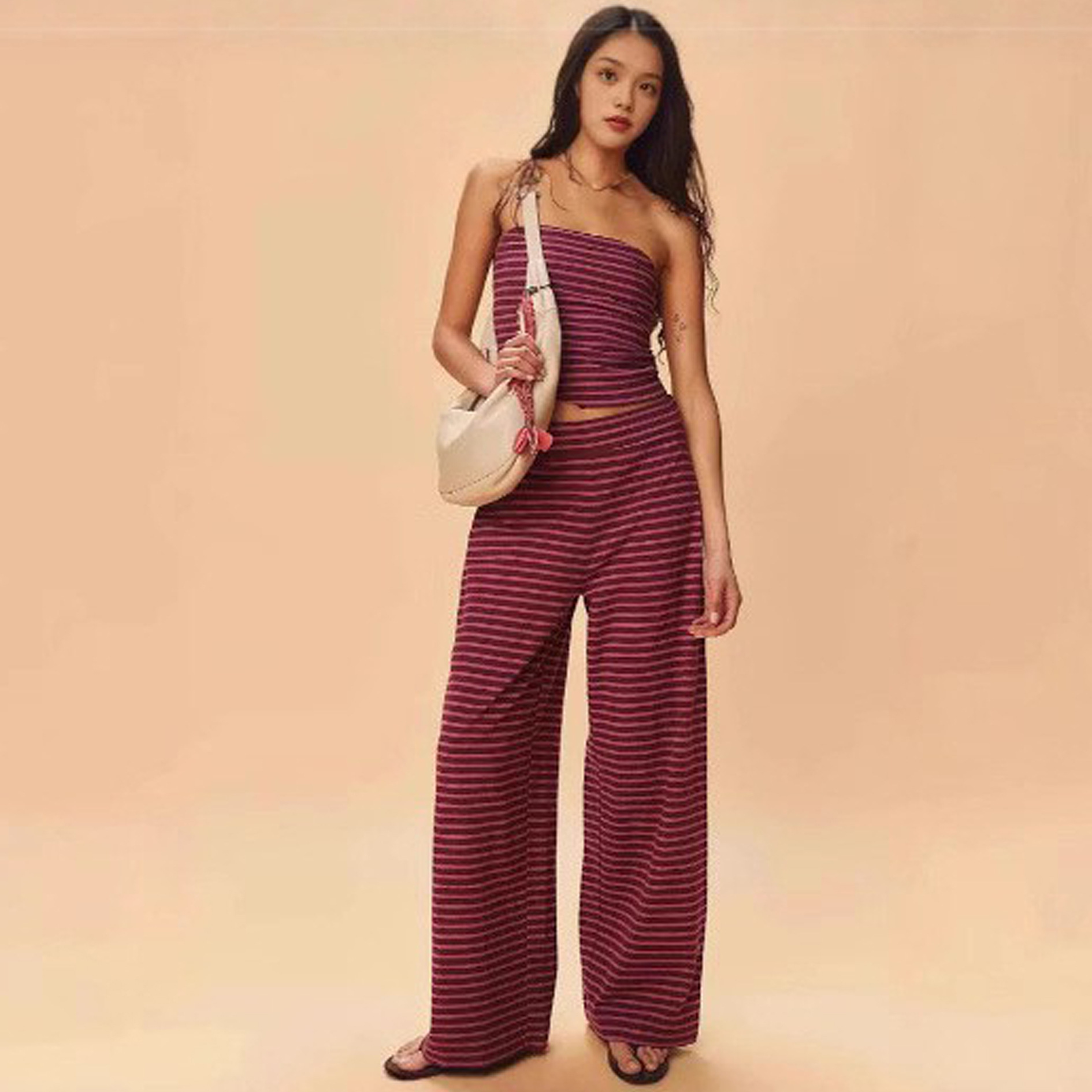 Women's Striped Set in Purplish Red – Editorial Fashion Shot