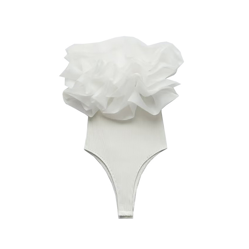 Strapless Straight Collar Transparent Organza Laminated Decoration Rib Jumpsuit Transparent - Shop at LoveMi