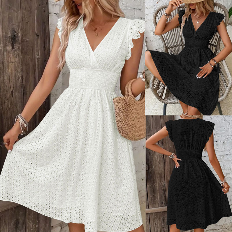 Lotus-Leaf Sleeve V-Neck Hollow-Out Embroidered Dress