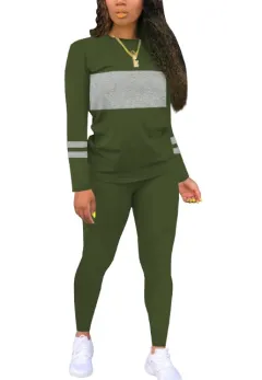 Colour Matching Round Neck Long Sleeve Top With Tight Trousers Suit Two-piece Set - Army Green - View 1