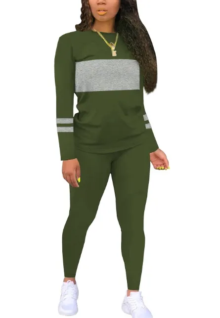Color Matching Round Neck Long Sleeve Top With Tight Trousers Suit Two piece Set Army Green - Shop at LoveMi