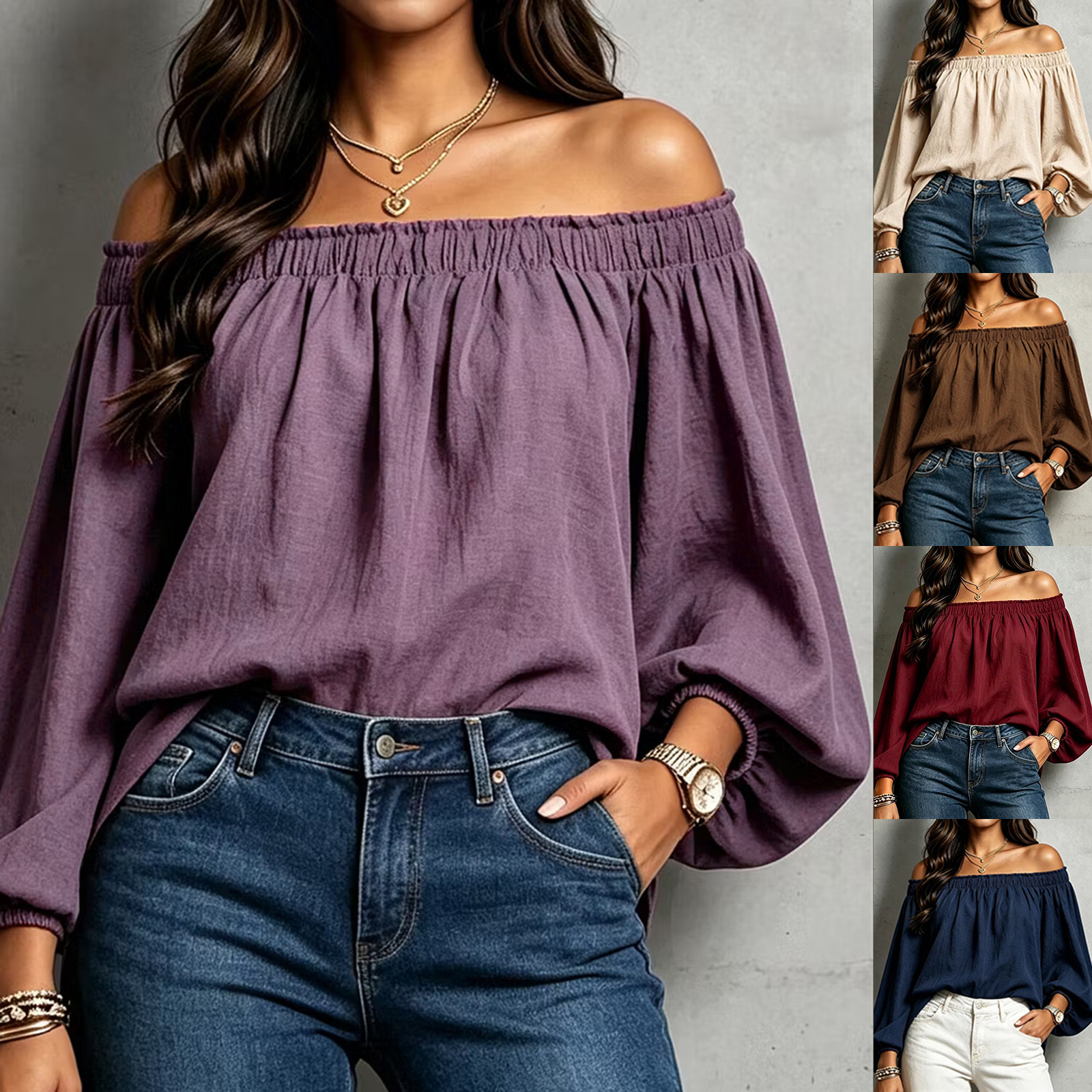 Lantern-sleeve Off Shoulder Slimming Womens Pullover Top