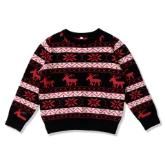 Women's Christmas Round Neck Loose Long Sleeves Sweater - Black Red - View 1