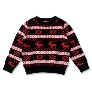 Women's Christmas Round Neck Loose Long Sleeves Sweater - Black Red