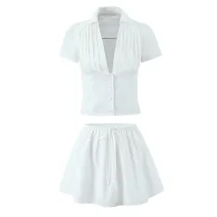 Women's Solid Colour Casual Top Waist Trimming Shirt Women's High Waist A- Line Skirt - White Suit - View 1