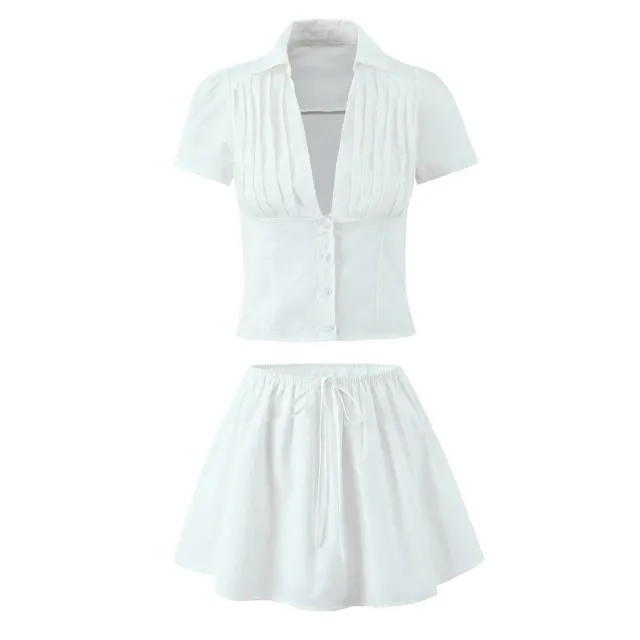 Women's Solid Color Casual Top Waist Trimming Shirt Women's High Waist A Line Skirt White Suit - Shop at LoveMi