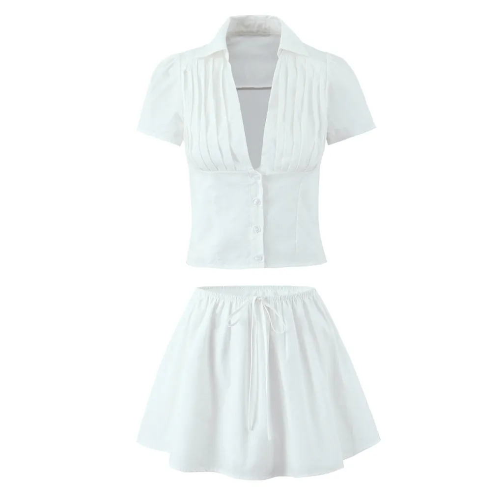 Women's Solid Colour Casual Top Waist Trimming Shirt Women's High Waist A- Line Skirt - White Suit