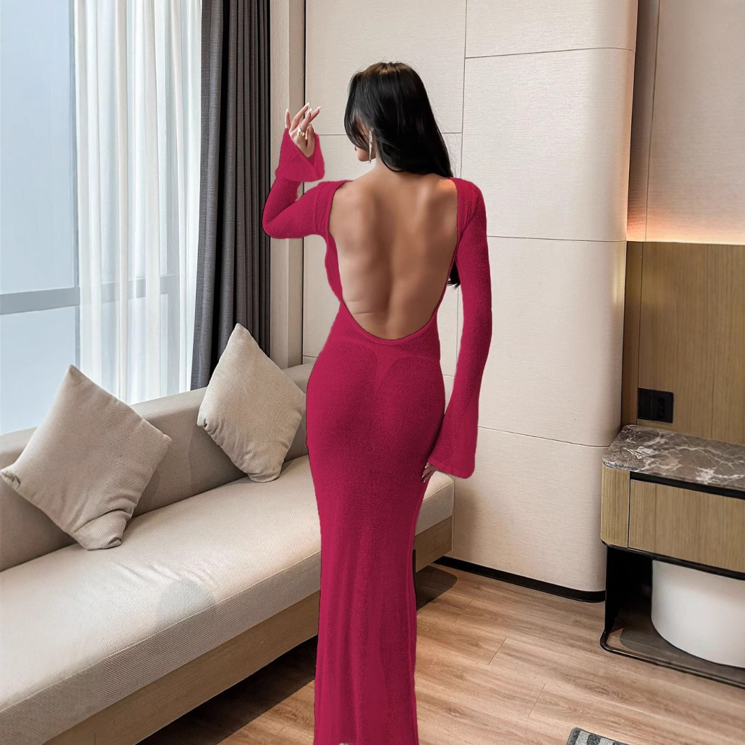 New Women's Long Sleeve Sexy Backless Dress