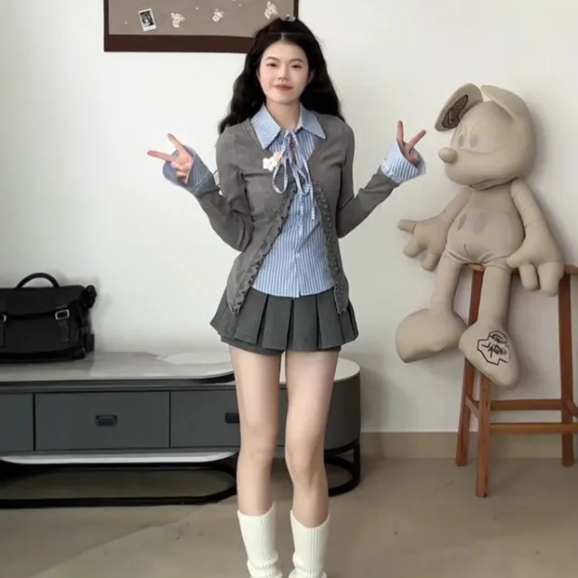 College Style Fake Two piece Knitted Sweaters Women Gray Fake Two Pieces - Shop at LoveMi