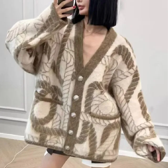 Contrast Color Korean Style Loose Chic Style Cardigan Mid length Coat For Women Brown - Shop at LoveMi