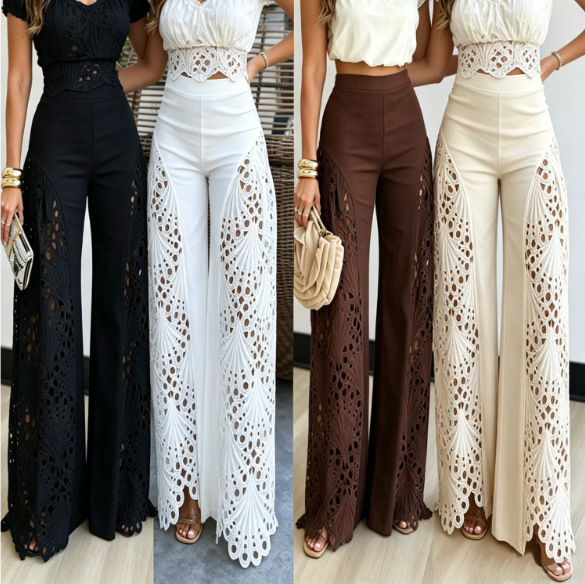 Womens Versatile Lace Hollow-out Patchwork High-waisted Solid-color Wide-leg Pants