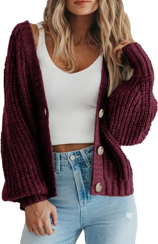 Women's Thick Knitted Cardigan Sweater Wine Red - Shop at LoveMi