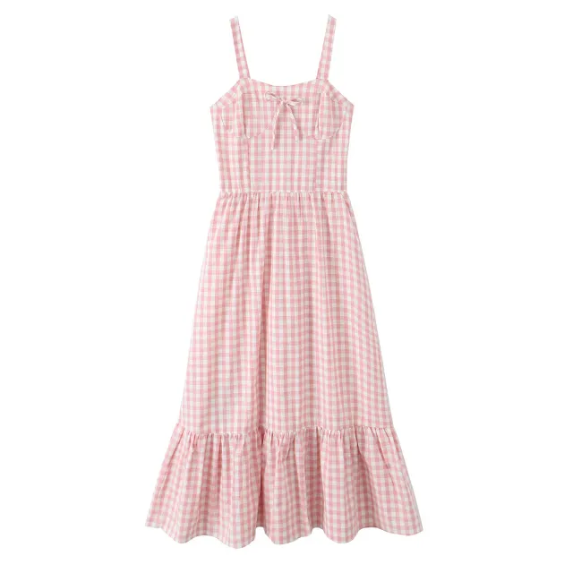 Retro Plaid Pastoral Style Lace up Bow Dress Pink - Shop at LoveMi