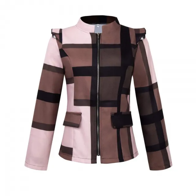 Slim Fit Plaid Printed Zipper Short Long Sleeve Jacket Khaki - Shop at LoveMi