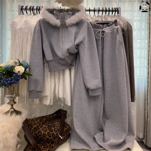 Gray Hooded Coat Fur Collar Fleece Sweater Gray - Shop at LoveMi