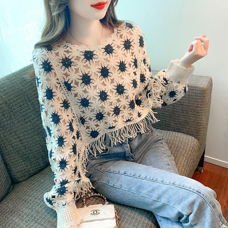 Fashion Korean Style Sweet Geometric Pattern Long Sleeve Round Neck Pullover Slimming Youthful-looking Lace Shirt