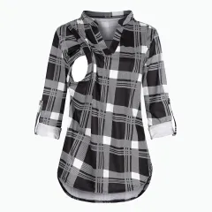 Plaid Printed Pregnant Woman Breastfeeding V-neck Long Sleeve Top - Plaid Large Black Plaid - View 1